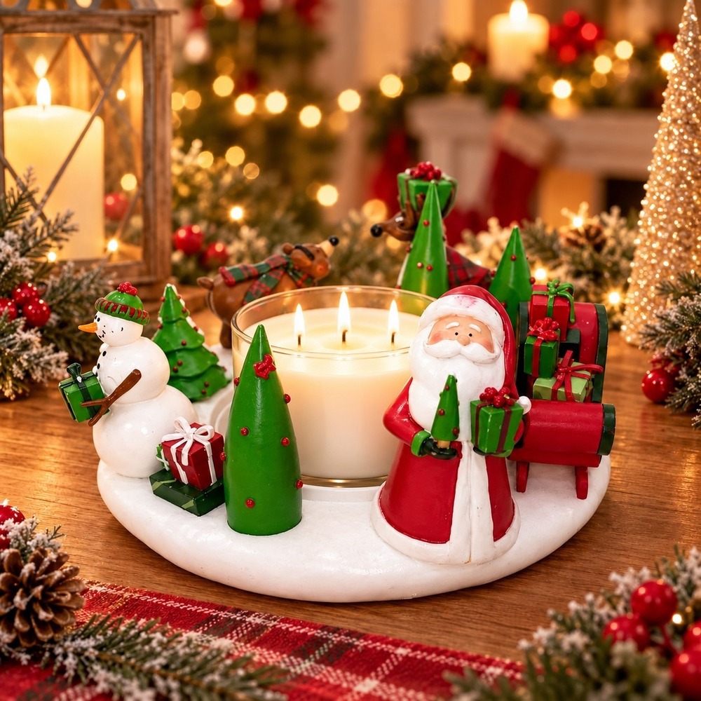 Vintage White Barn Large Christmas Ring Candle Holder Whimsical Farmhouse Santa